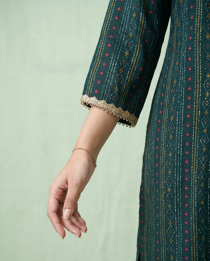 Teal Blue Embroidered Viscose Blended Straight cut Long Kurta