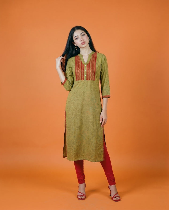 Green Embroidered Viscose Blended Straight cut Long Kurta