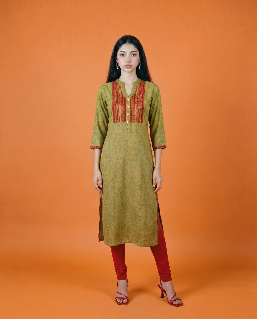 Green Embroidered Viscose Blended Straight cut Long Kurta