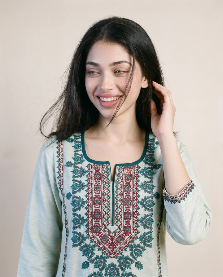 Sea Green Embroidered Viscose Blended Straight cut  Long Kurta