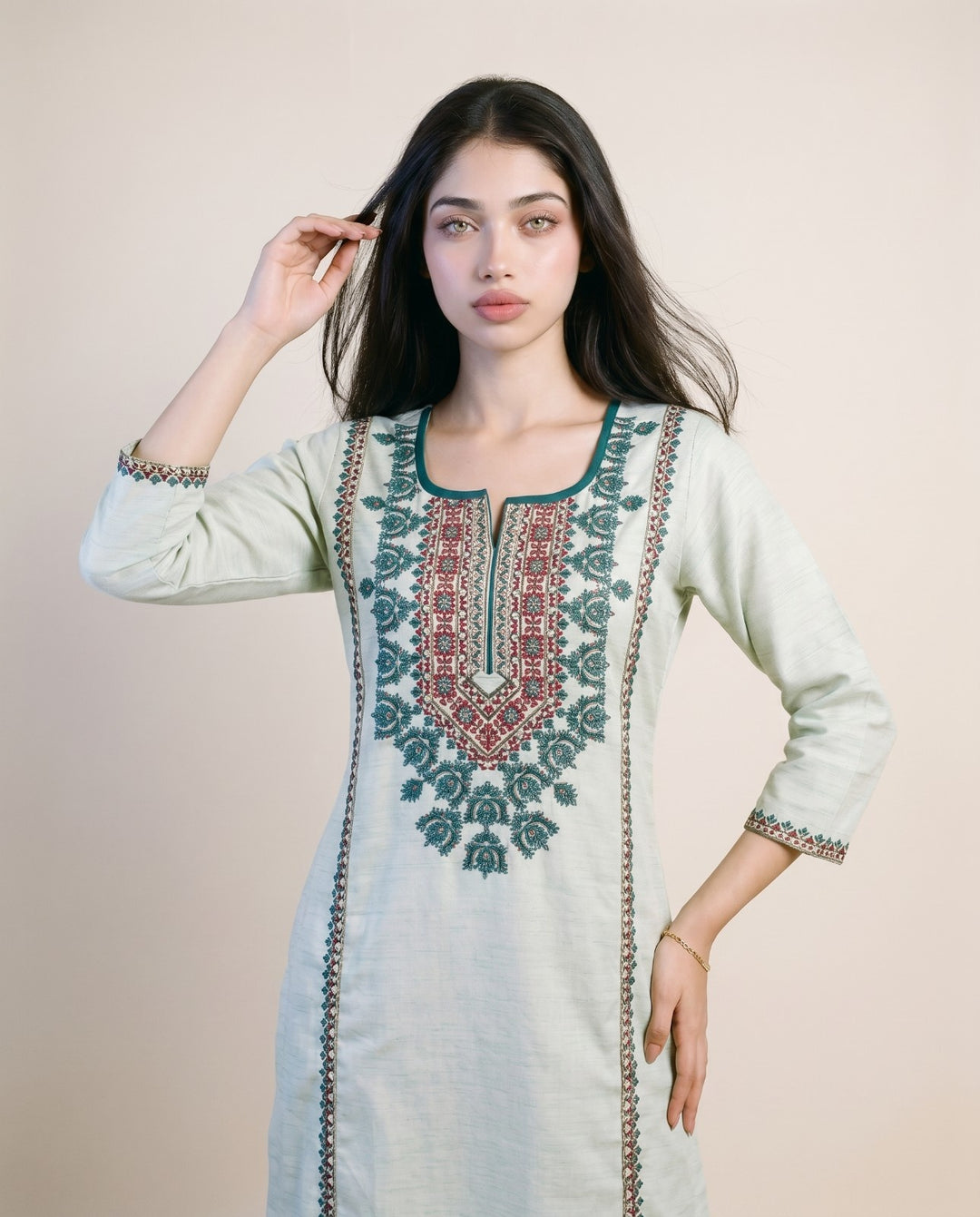 Sea Green Embroidered Viscose Blended Straight cut  Long Kurta