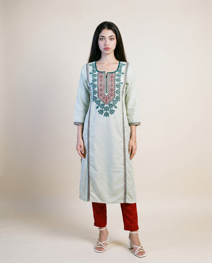 Sea Green Embroidered Viscose Blended Straight cut  Long Kurta