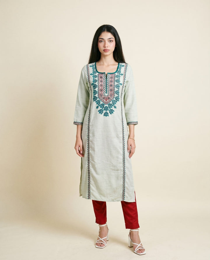 Sea Green Embroidered Viscose Blended Straight cut  Long Kurta