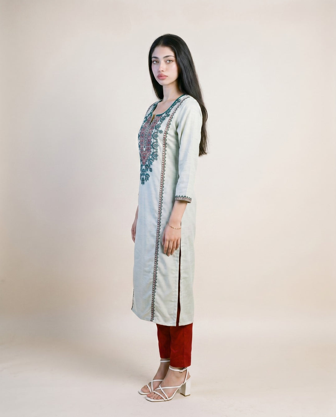 Sea Green Embroidered Viscose Blended Straight cut  Long Kurta