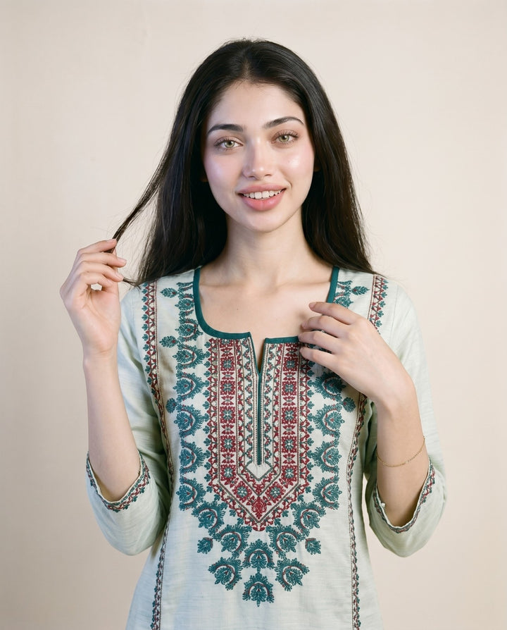 Sea Green Embroidered Viscose Blended Straight cut  Long Kurta