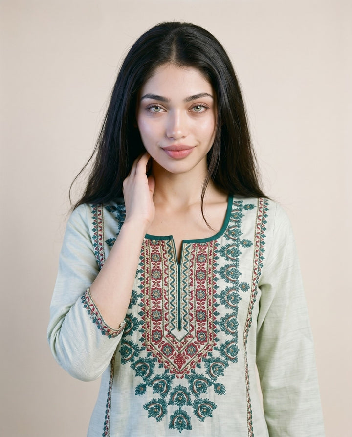Sea Green Embroidered Viscose Blended Straight cut  Long Kurta