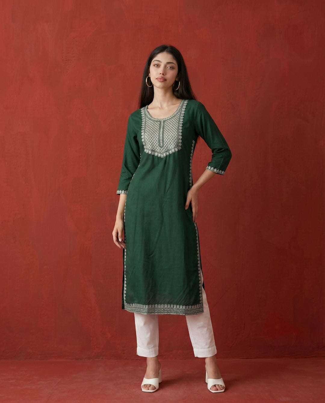 Green Embroidered Rayon Straight cut Long Kurta