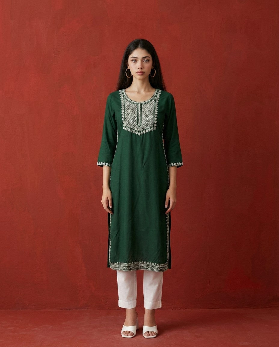 Green Embroidered Rayon Straight cut Long Kurta