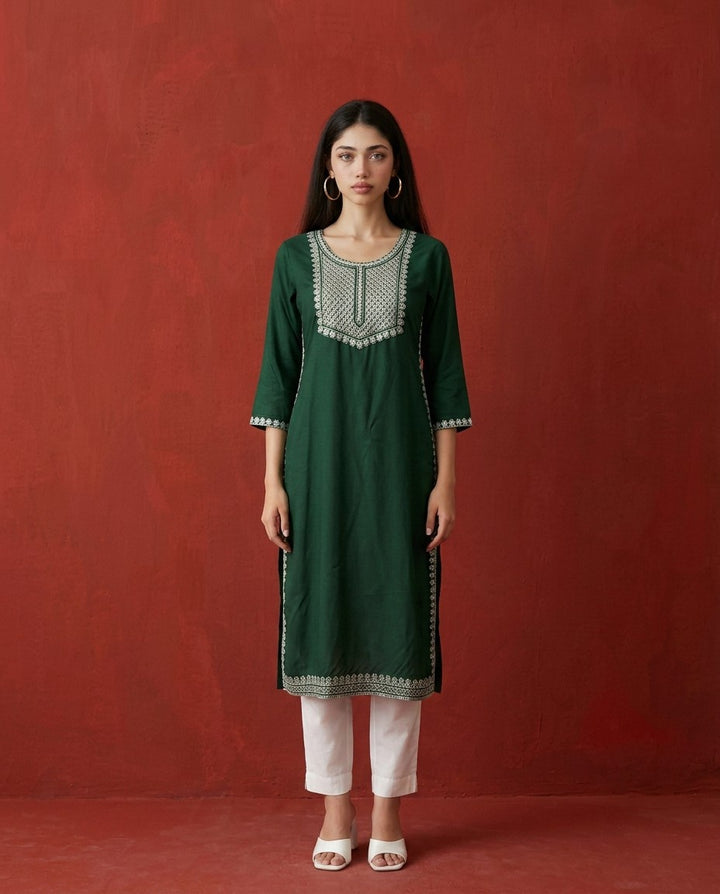 Green Embroidered Rayon Straight cut Long Kurta
