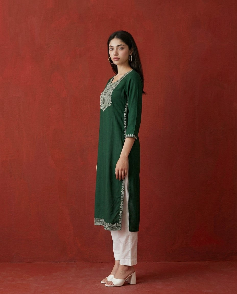 Green Embroidered Rayon Straight cut Long Kurta