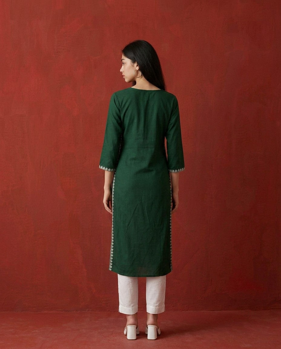 Green Embroidered Rayon Straight cut Long Kurta