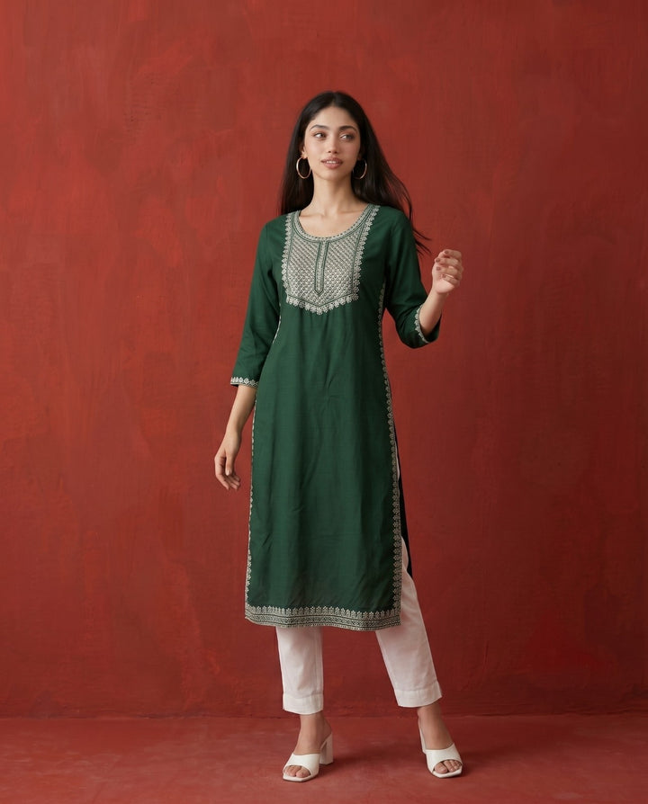 Green Embroidered Rayon Straight cut Long Kurta