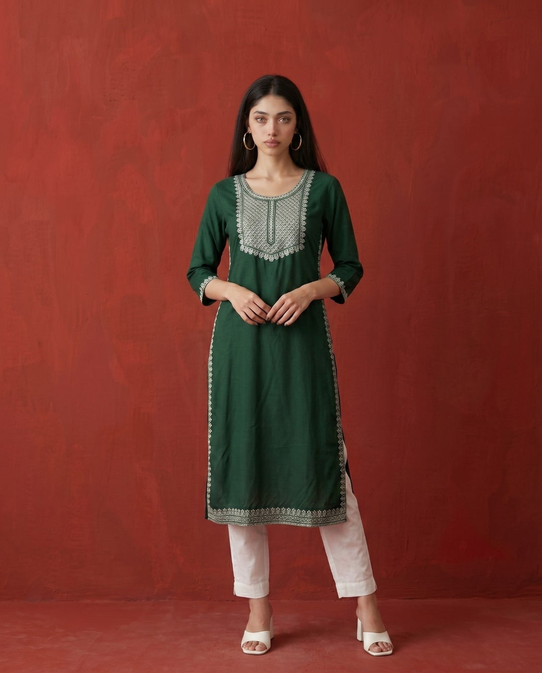Green Embroidered Rayon Straight cut Long Kurta