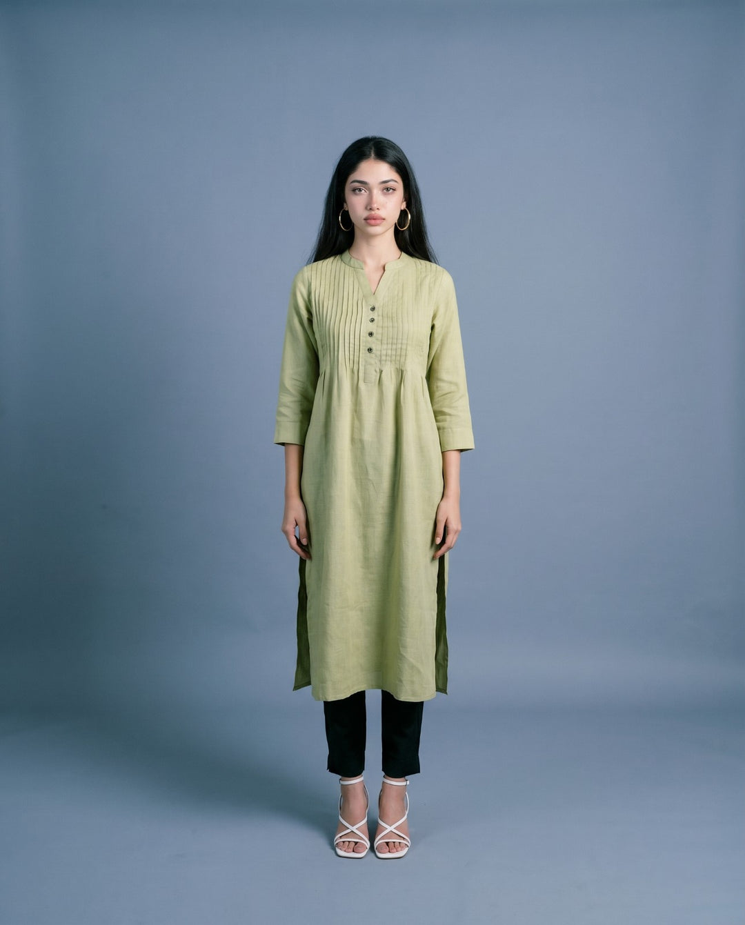 Green Solid Cotton Blended Straight cut Long Kurta