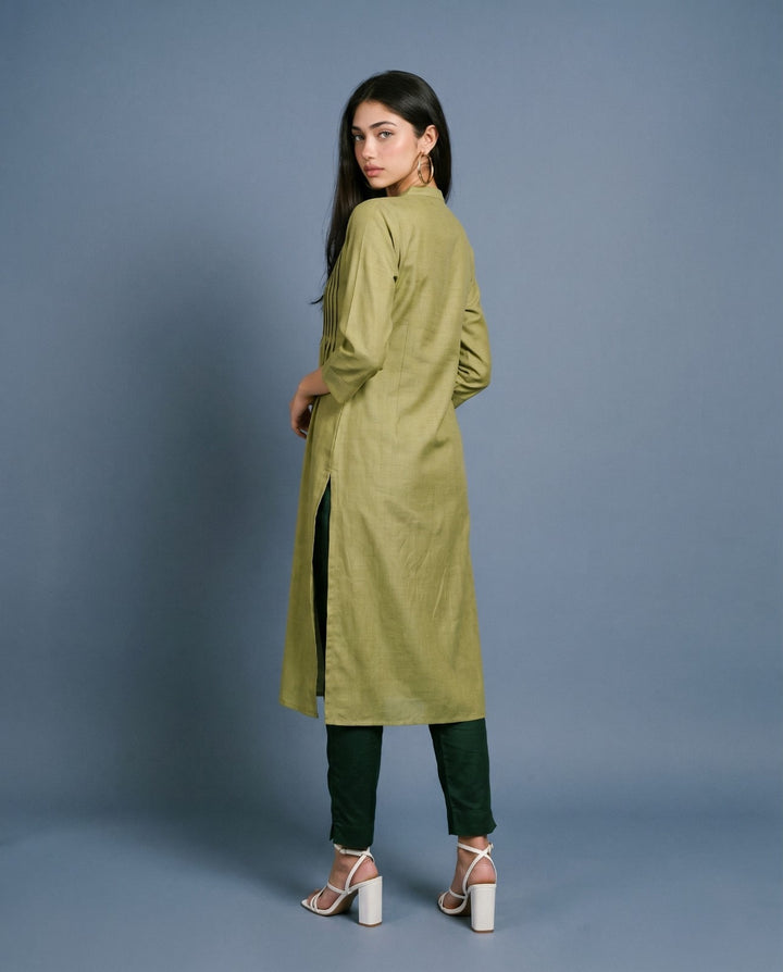 Green Solid Cotton Blended Straight cut Long Kurta