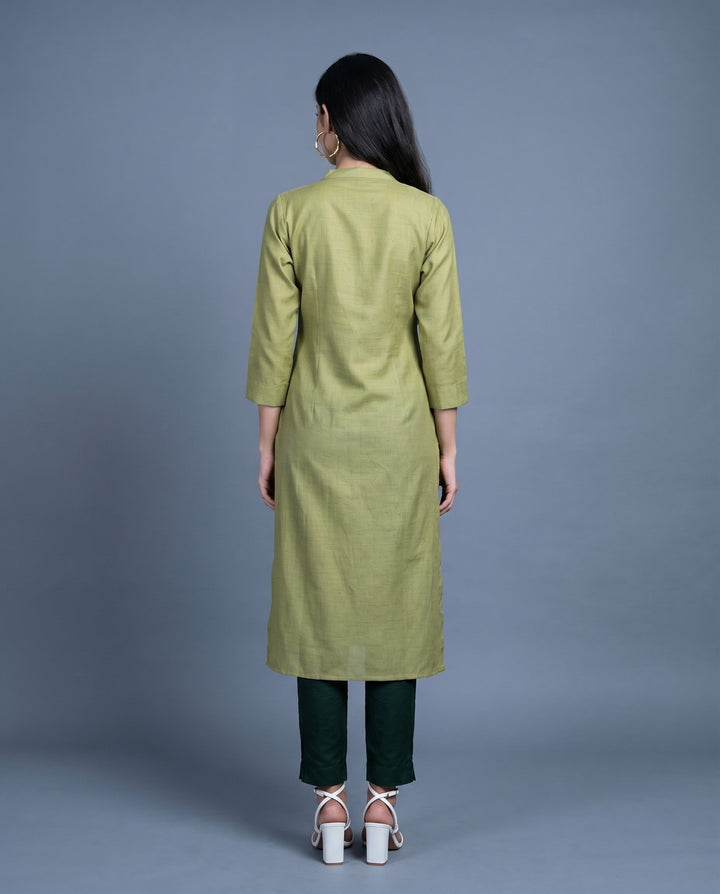 Green Solid Cotton Blended Straight cut Long Kurta
