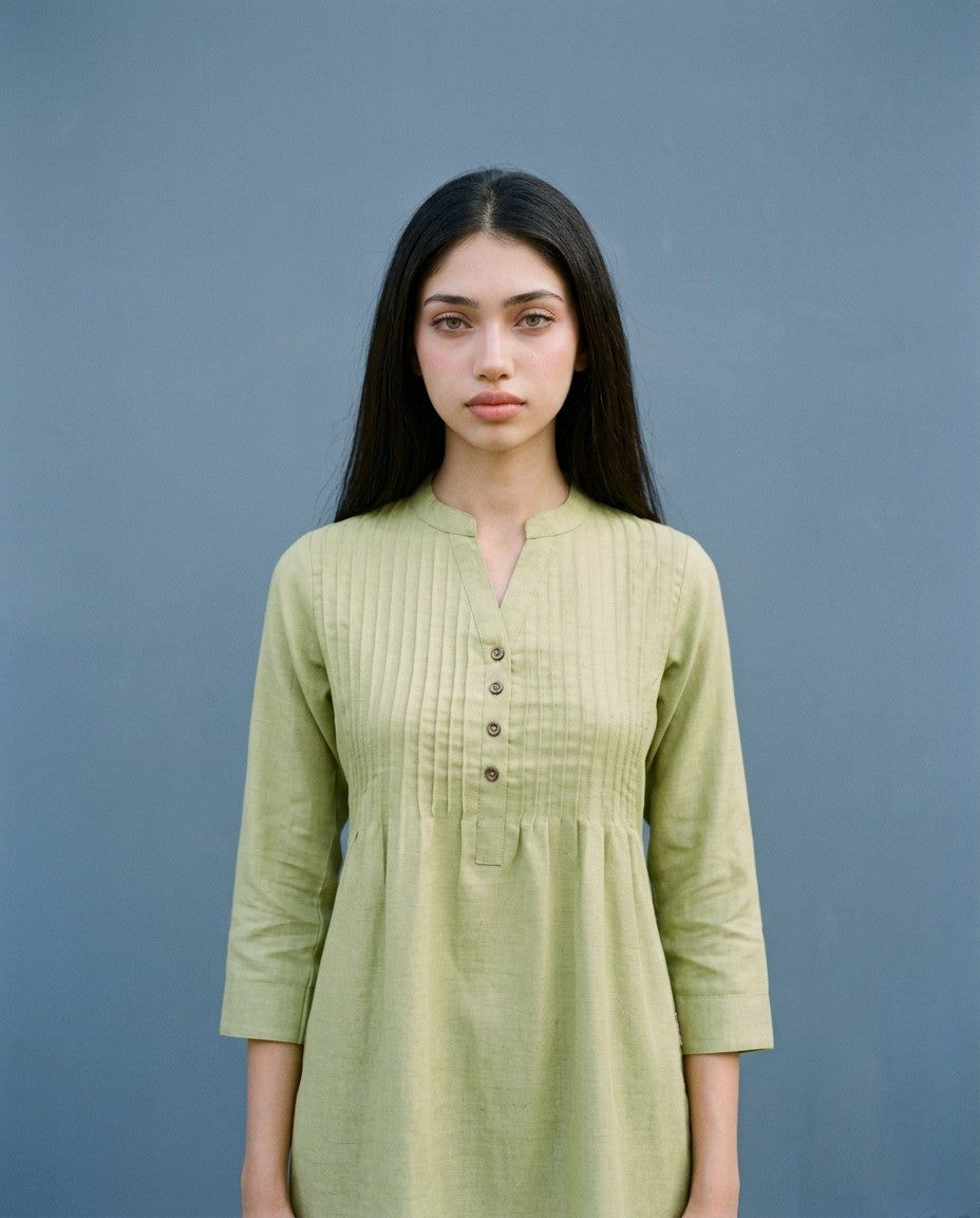 Green Solid Cotton Blended Straight cut Long Kurta