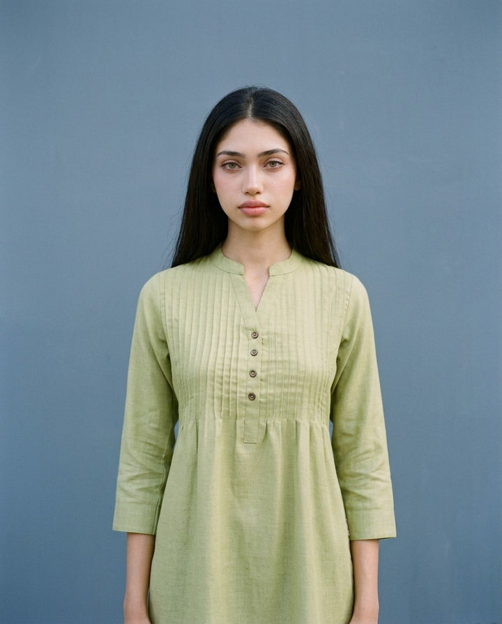 Green Solid Cotton Blended Straight cut Long Kurta