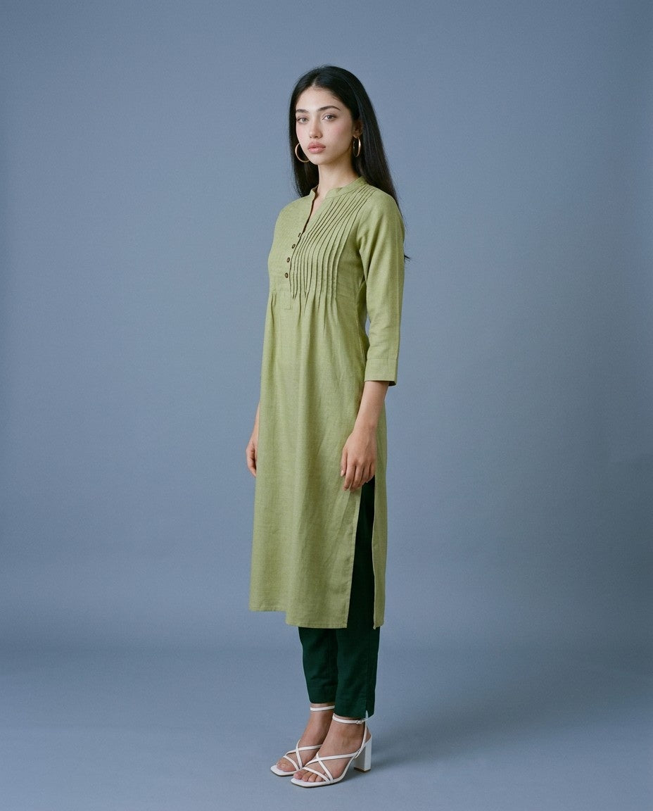 Green Solid Cotton Blended Straight cut Long Kurta