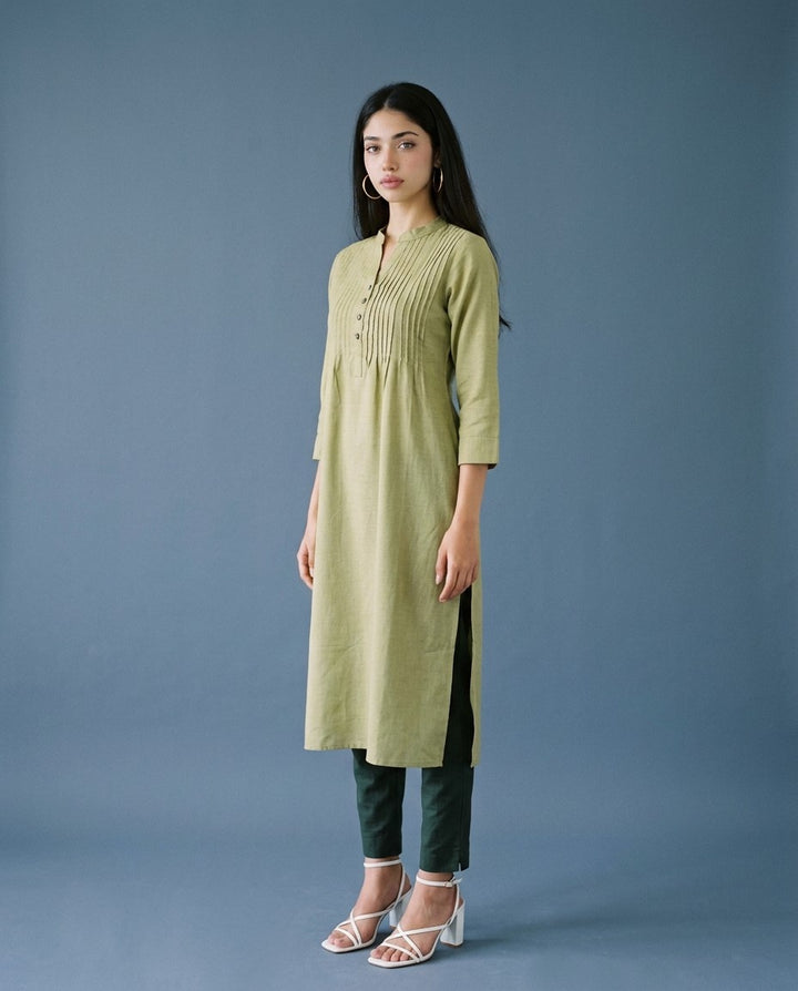 Green Solid Cotton Blended Straight cut Long Kurta