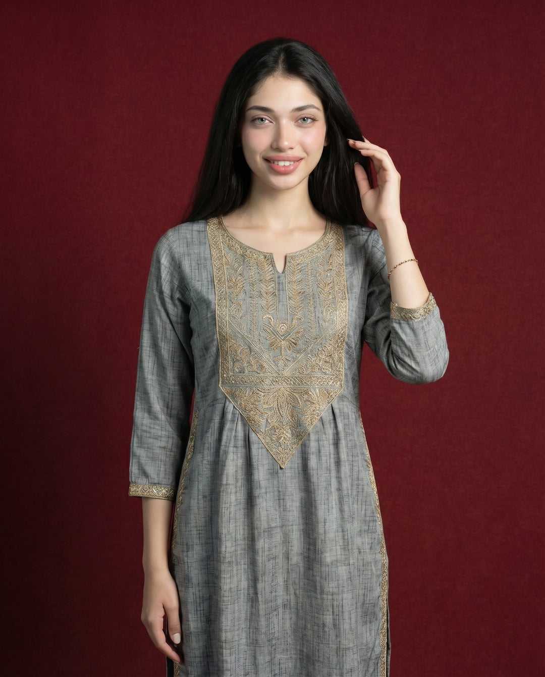 Grey Embroidered Blended Cotton Straight cut Long Kurta