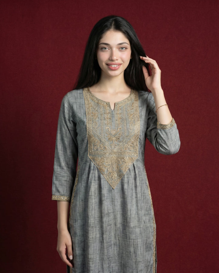 Grey Embroidered Blended Cotton Straight cut Long Kurta
