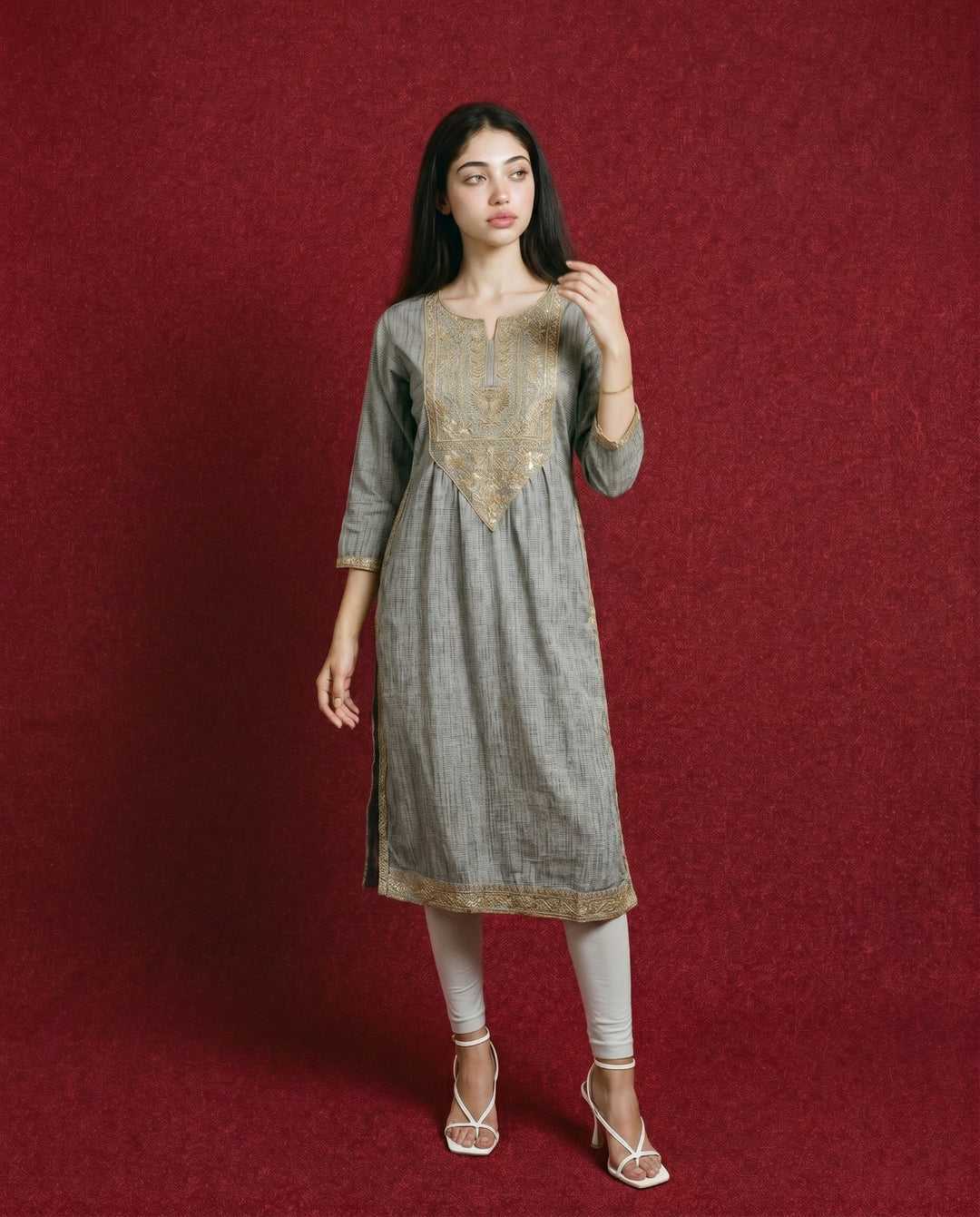 Grey Embroidered Blended Cotton Straight cut Long Kurta