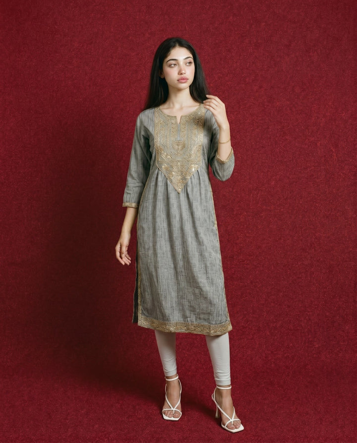 Grey Embroidered Blended Cotton Straight cut Long Kurta
