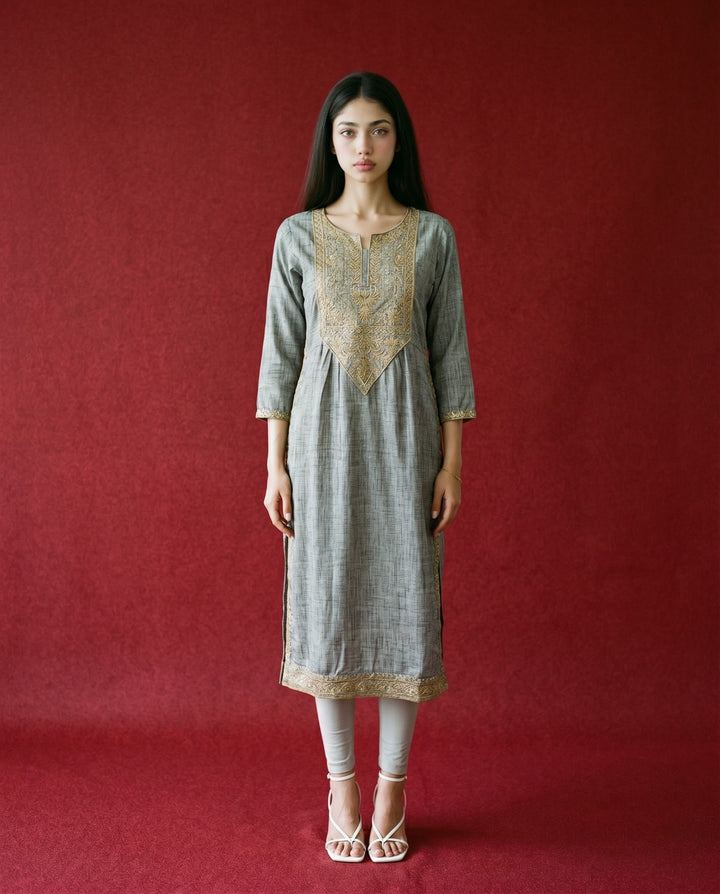 Grey Embroidered Blended Cotton Straight cut Long Kurta