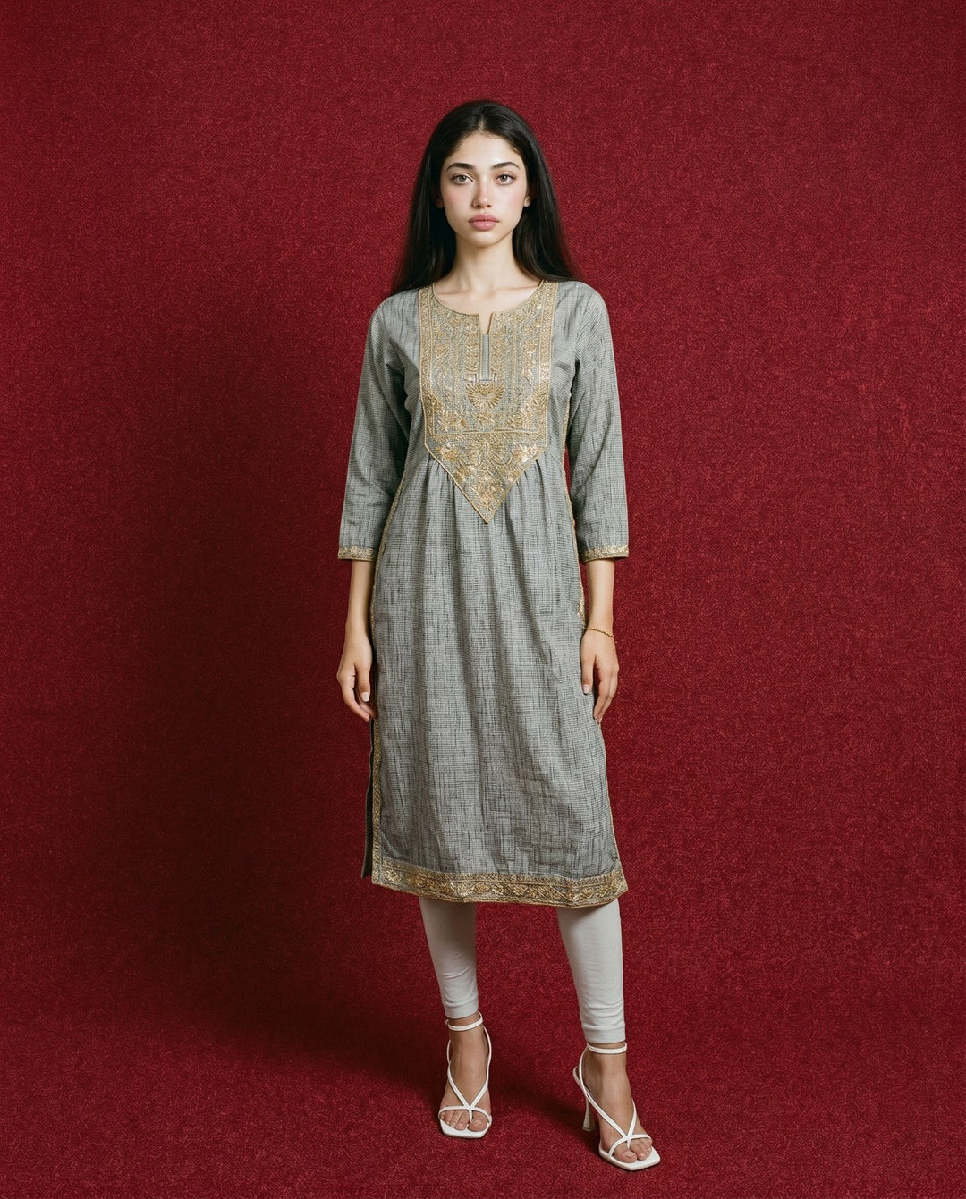 Grey Embroidered Blended Cotton Straight cut Long Kurta