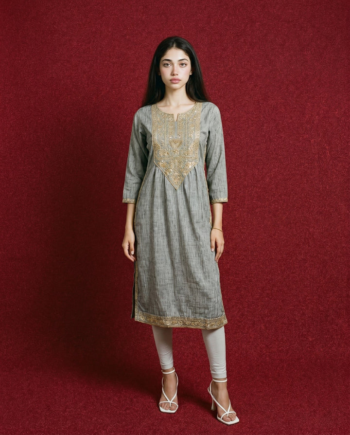 Grey Embroidered Blended Cotton Straight cut Long Kurta