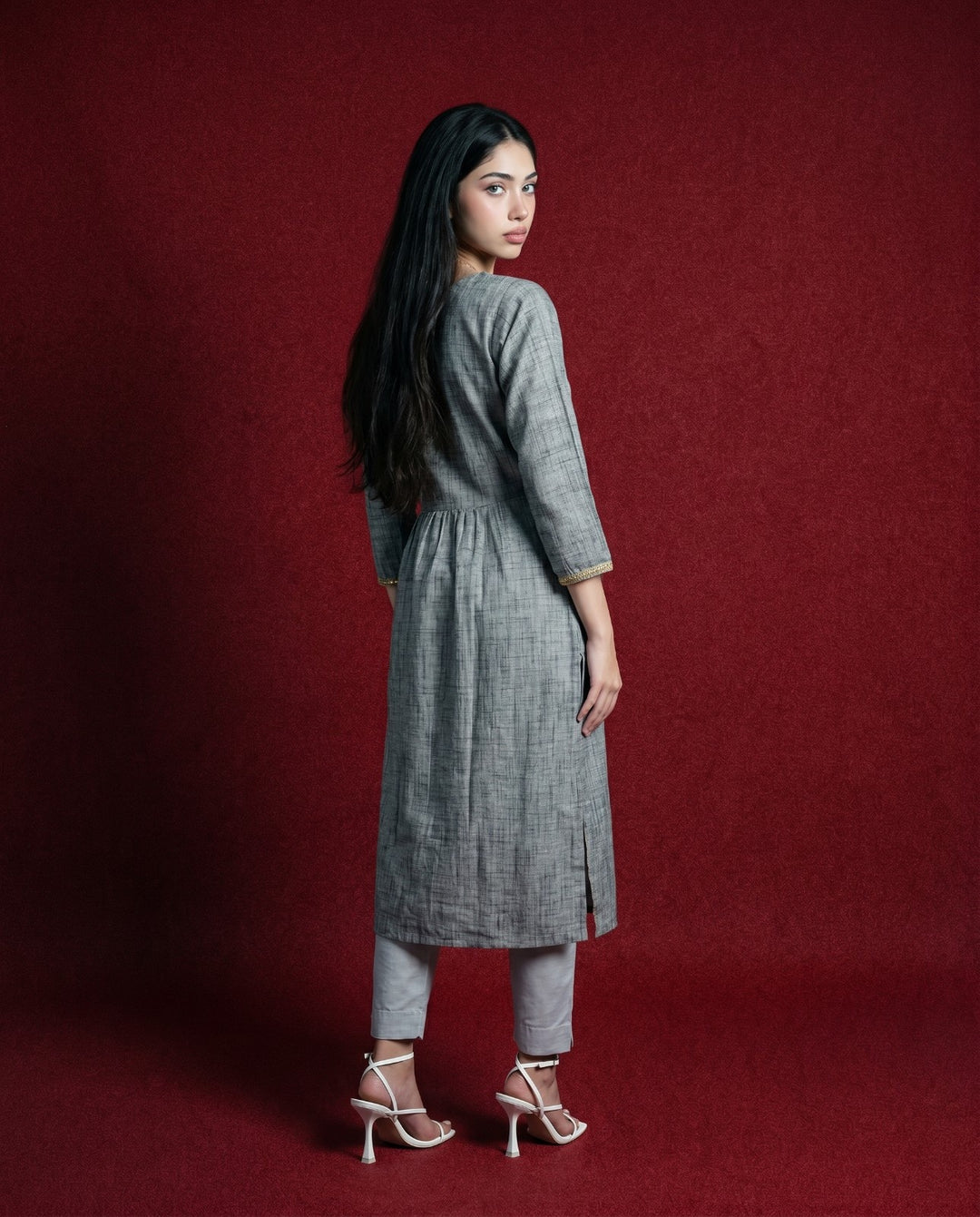 Grey Embroidered Blended Cotton Straight cut Long Kurta