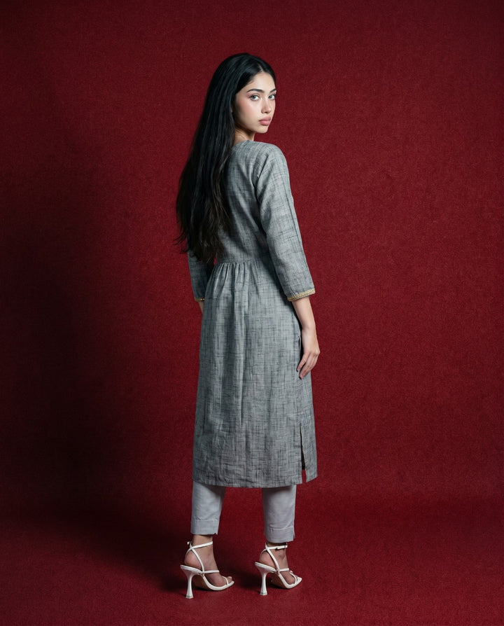 Grey Embroidered Blended Cotton Straight cut Long Kurta
