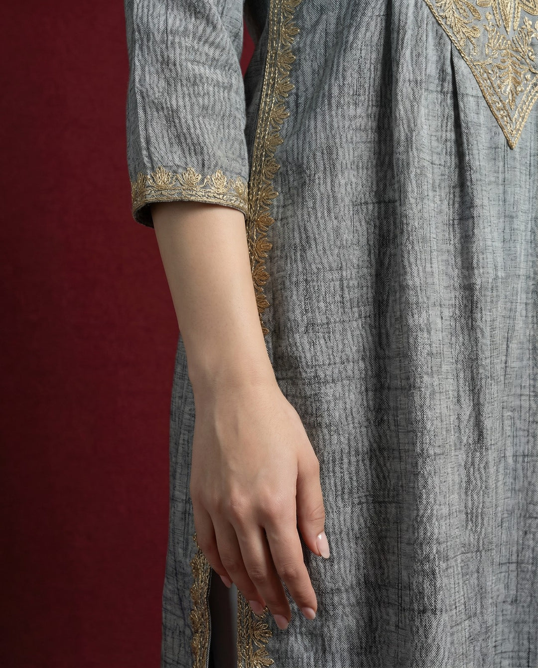 Grey Embroidered Blended Cotton Straight cut Long Kurta