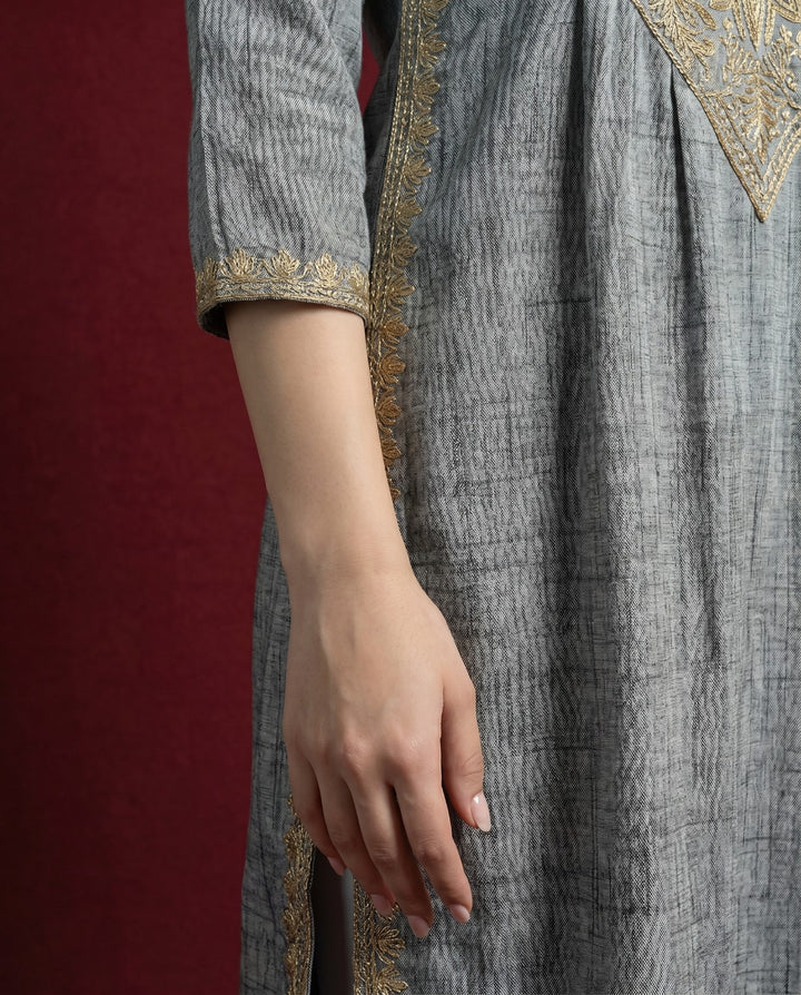 Grey Embroidered Blended Cotton Straight cut Long Kurta