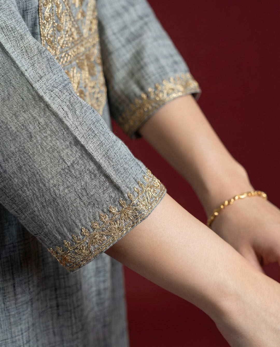 Grey Embroidered Blended Cotton Straight cut Long Kurta