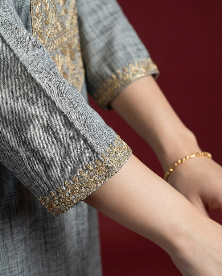 Grey Embroidered Blended Cotton Straight cut Long Kurta