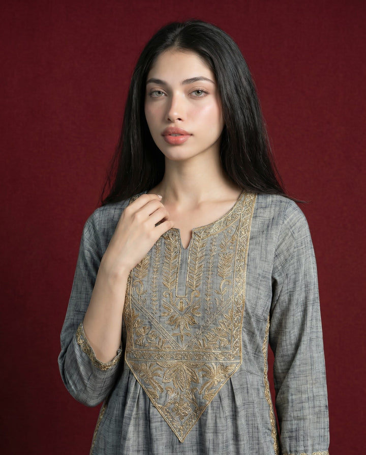 Grey Embroidered Blended Cotton Straight cut Long Kurta