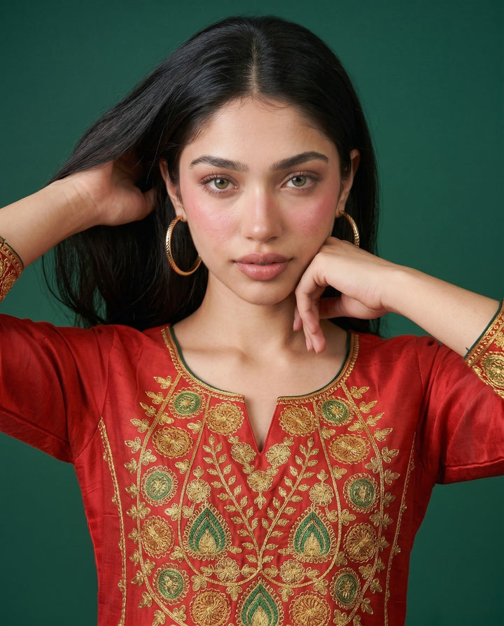 Maroon Embroidered Viscose Blended Straight Cut Long Kurta