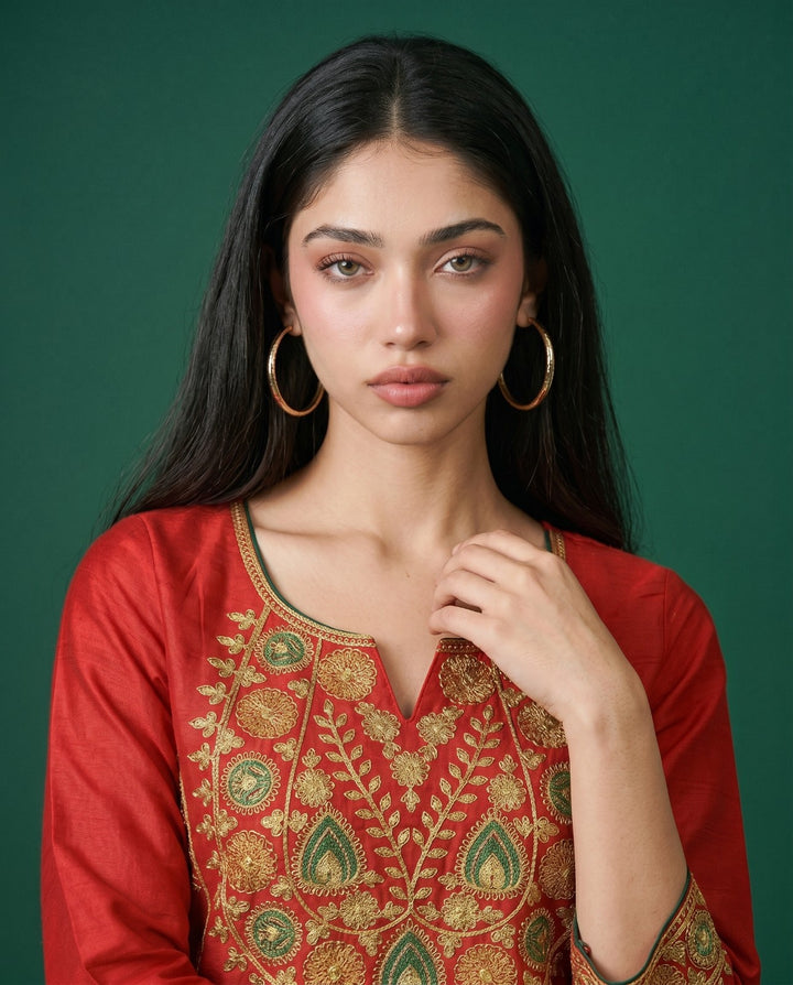 Maroon Embroidered Viscose Blended Straight Cut Long Kurta