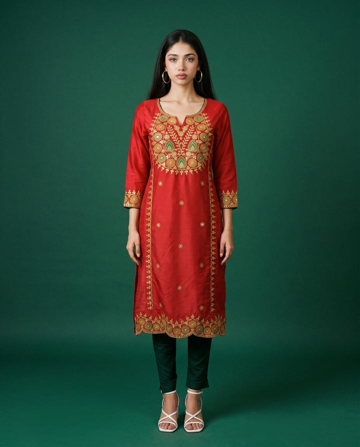 Maroon Embroidered Viscose Blended Straight Cut Long Kurta