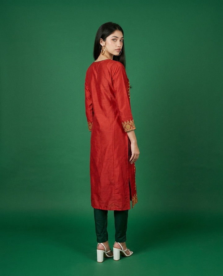 Maroon Embroidered Viscose Blended Straight Cut Long Kurta