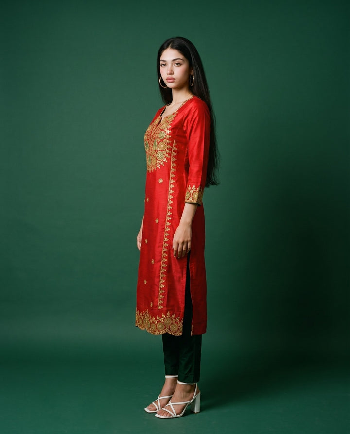 Maroon Embroidered Viscose Blended Straight Cut Long Kurta