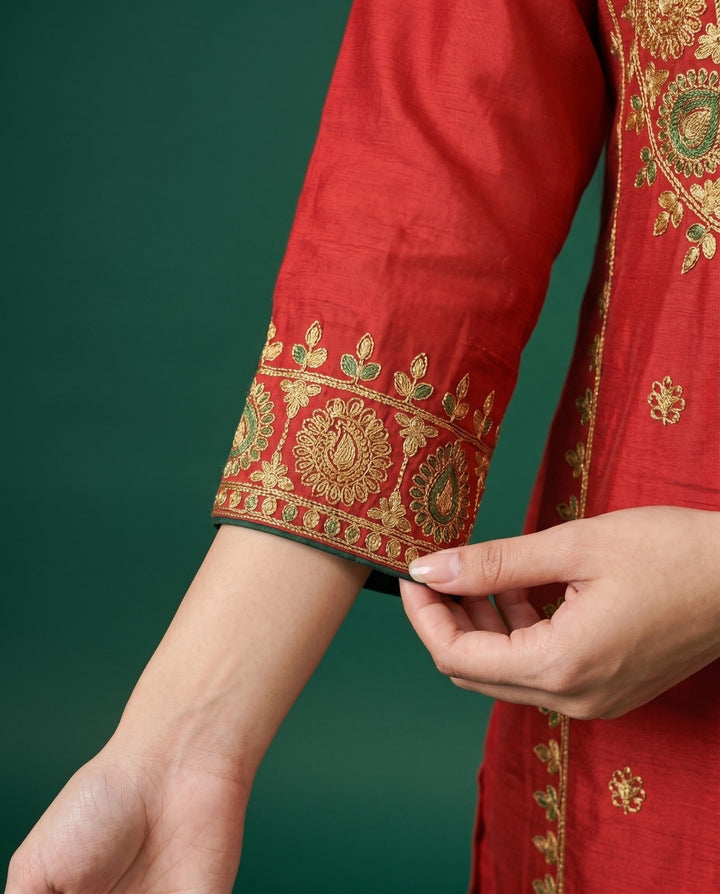Maroon Embroidered Viscose Blended Straight Cut Long Kurta