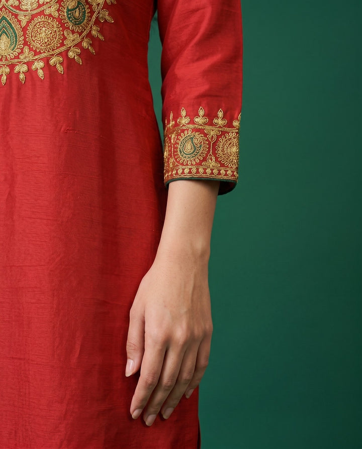 Maroon Embroidered Viscose Blended Straight Cut Long Kurta