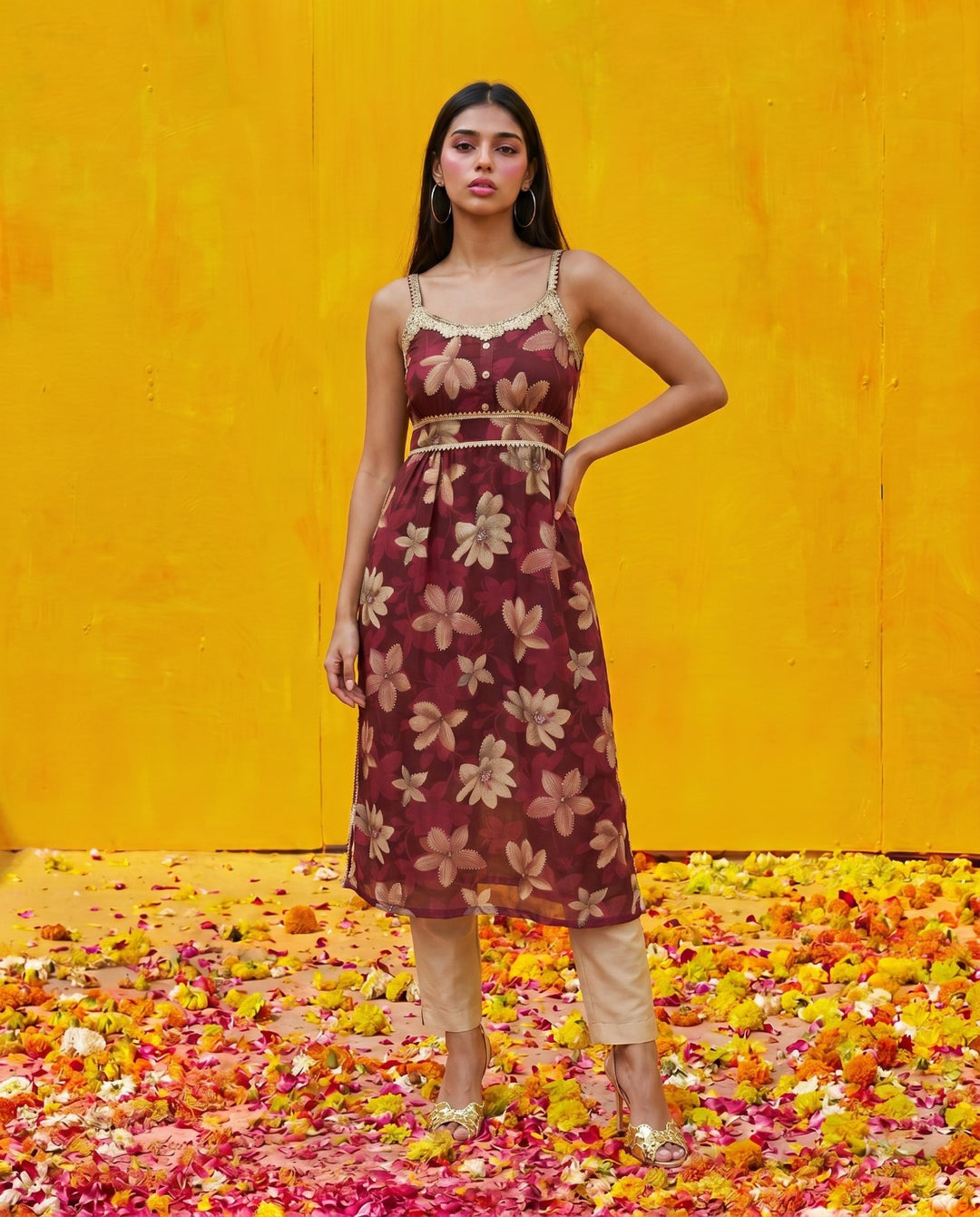Maroon Printed Viscose Blended Spaghetti Strap Straight Cut Long Kurta