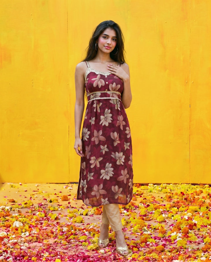Maroon Printed Viscose Blended Spaghetti Strap Straight Cut Long Kurta