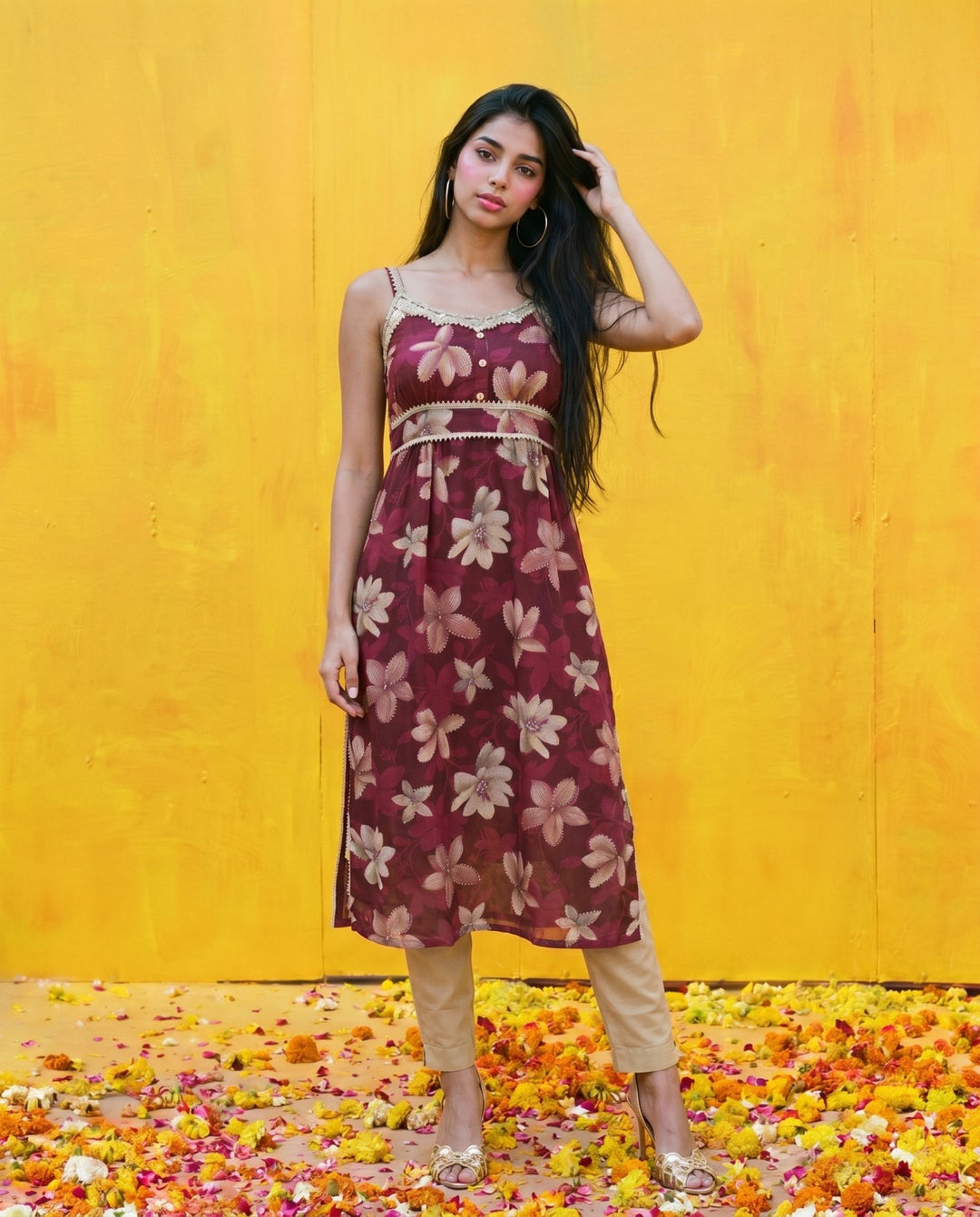 Maroon Printed Viscose Blended Spaghetti Strap Straight Cut Long Kurta