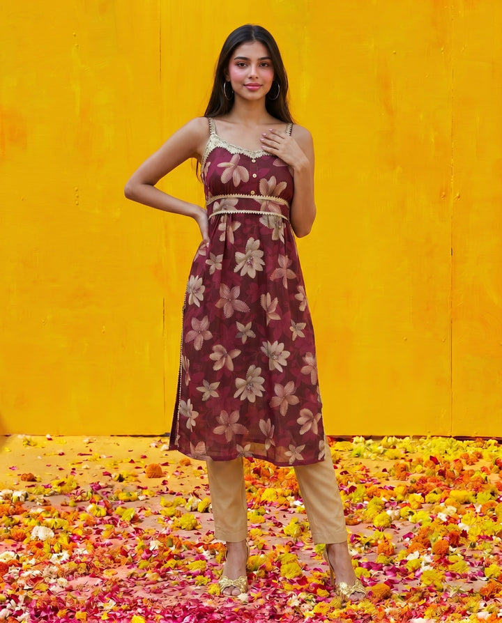 Maroon Printed Viscose Blended Spaghetti Strap Straight Cut Long Kurta