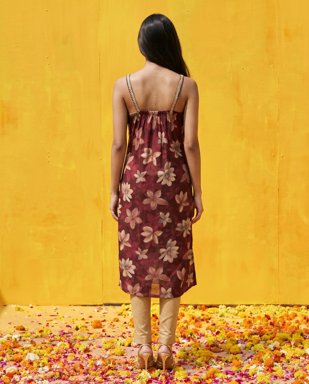 Maroon Printed Viscose Blended Spaghetti Strap Straight Cut Long Kurta